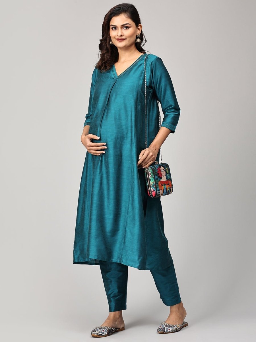 Drama at Gala Embroidered Maternity and Nursing Silk Kurta Set With Dupatta - S Maternity Ethnic Set