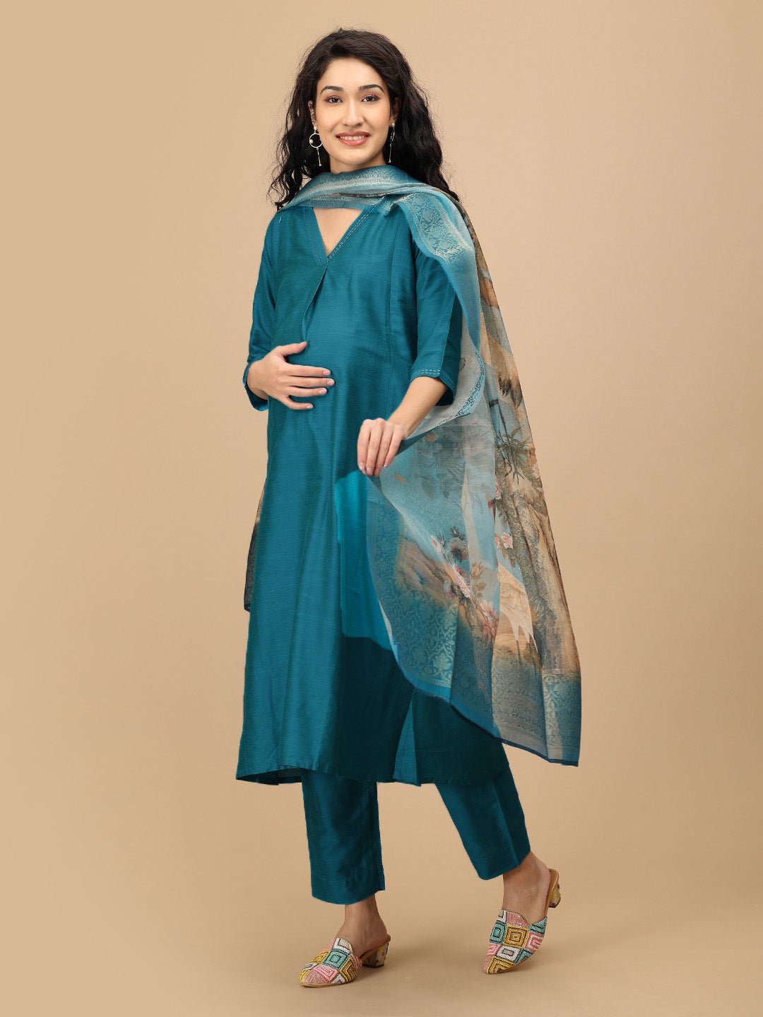 Drama at Gala Embroidered Maternity and Nursing Silk Kurta Set With Dupatta - S Maternity Ethnic Set