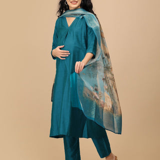 Drama at Gala Embroidered Maternity and Nursing Silk Kurta Set With Dupatta - S Maternity Ethnic Set