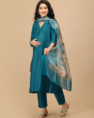 Drama at Gala Embroidered Maternity and Nursing Silk Kurta Set With Dupatta - S Maternity Ethnic Set