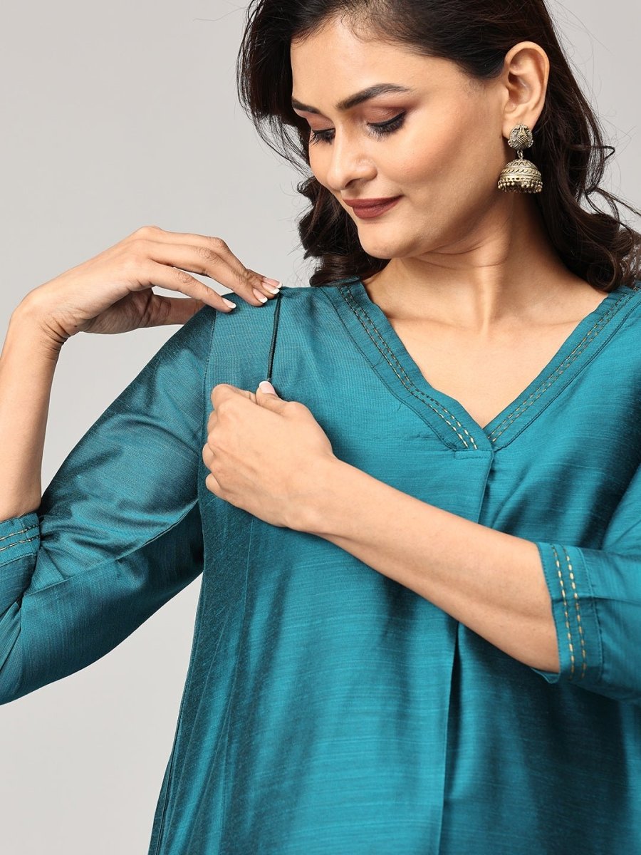 Drama at Gala Embroidered Maternity and Nursing Silk Kurta Set With Dupatta - S Maternity Ethnic Set