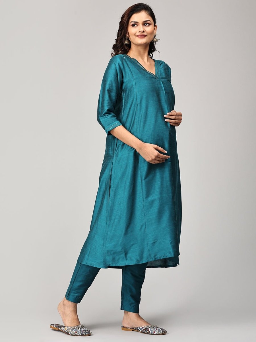 Drama at Gala Embroidered Maternity and Nursing Silk Kurta Set With Dupatta - S Maternity Ethnic Set