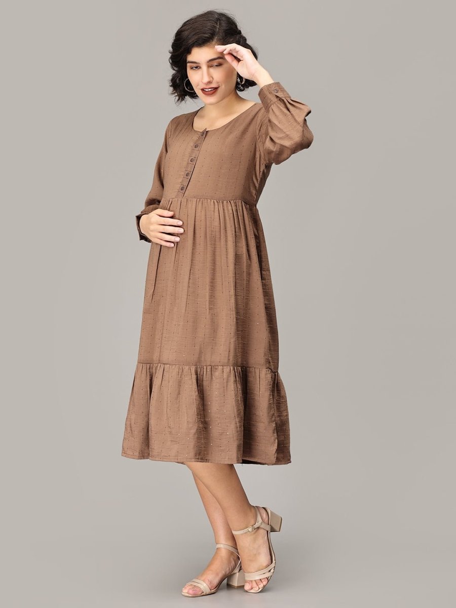 Drama Mama Maternity And Nursing Midi Tier Dress - MEW-SK-BWN-S
