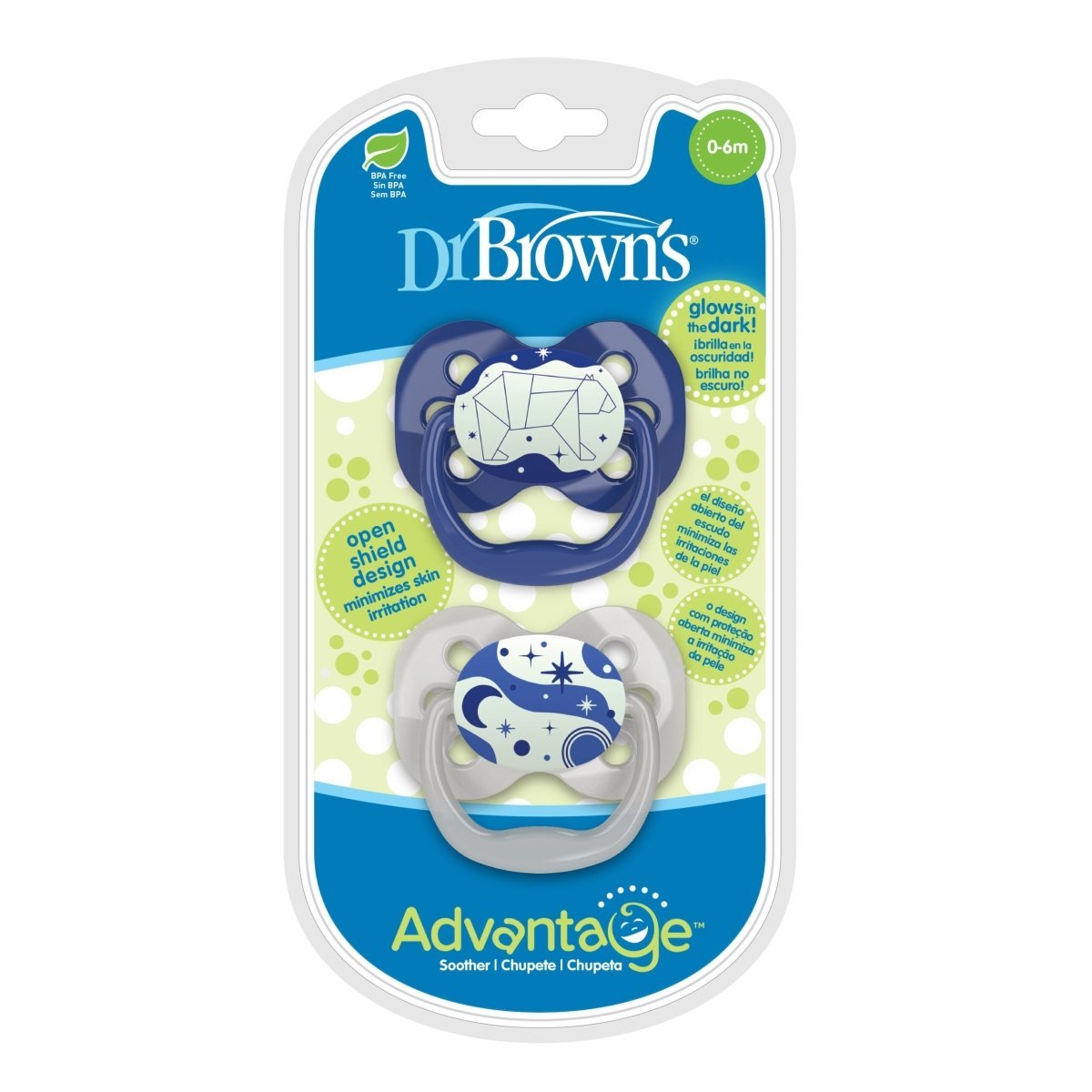 Dr. Browns Advantage Pacifiers, Stage 1, Glow in the Dark, Pack of 2 - Blue - DBPA12004-INTL