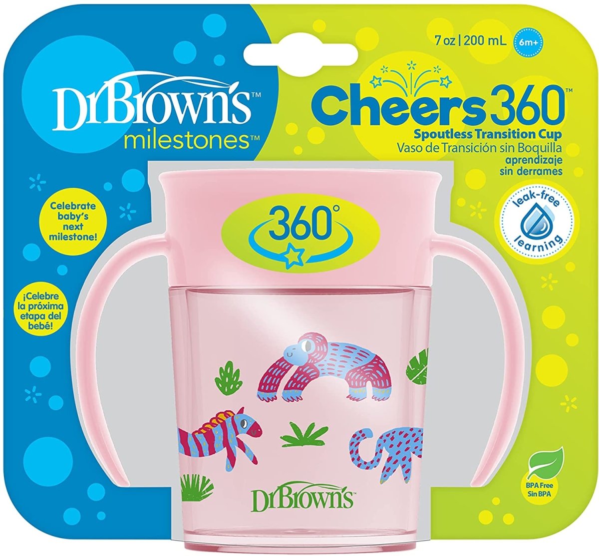 Dr. Browns Smooth Wall Cheers360 Cup w/ Handles, 7 oz/200mL - Pink Deco - DBTC71005
