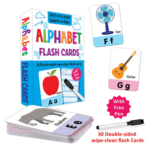 Dreamland Flash Cards Alphabet - 30 Double Sided Wipe Clean Flash Cards for Kids (With Free Pen) - Books