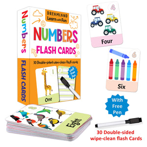 Dreamland Flash Cards Numbers - 30 Double Sided Wipe Clean Flash Cards for Kids (With Free Pen) - Books
