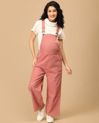 The Mom Store dusky rose corduroy maternity dungaree with adjustable straps front view.