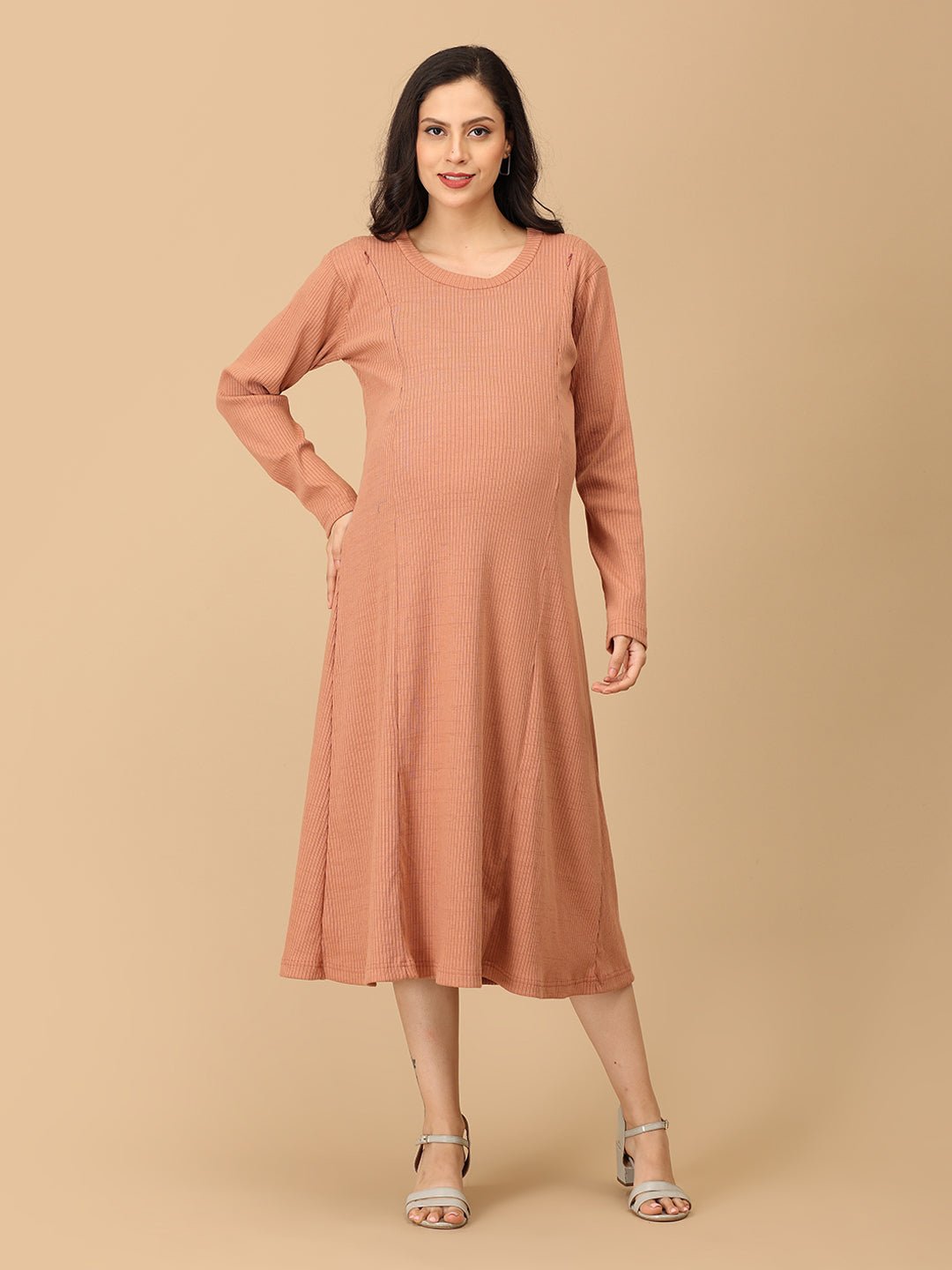 Dusty but Trusty Ribbed Maternity and Nursing Winter Dress - DRS - SD - MEMRB - S