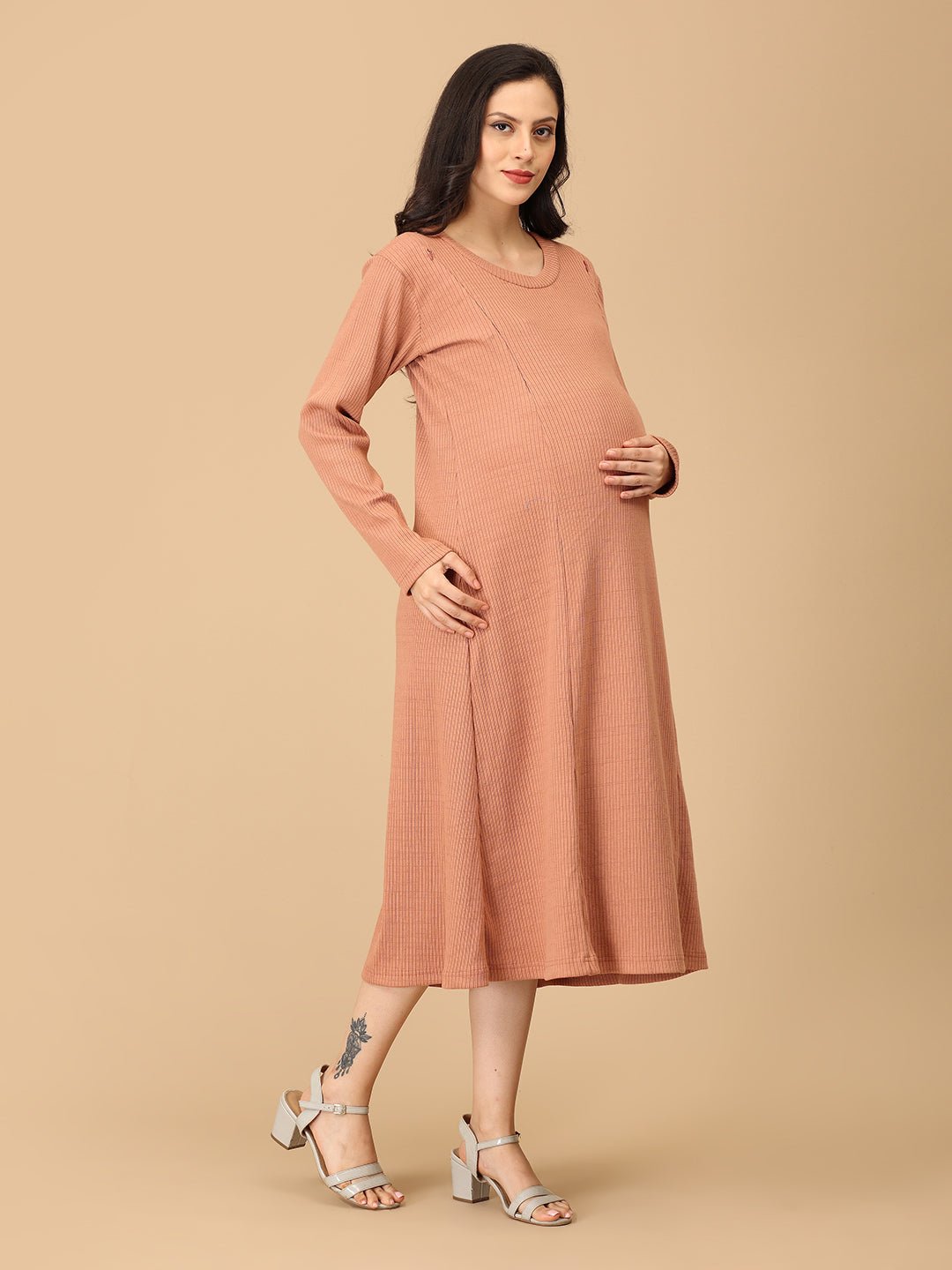 Dusty but Trusty Ribbed Maternity and Nursing Winter Dress - DRS - SD - MEMRB - S
