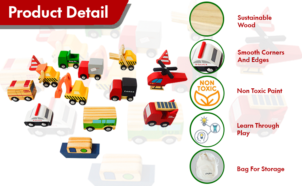 Playbox 12 Colorful Mini Construction Vehicles Little Wagon Cars Wooden Toy Set