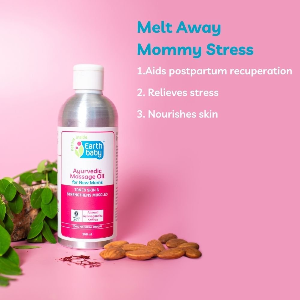 Earthbaby 100% Natural Orgin, Ayurvedic Body Massage Oil for New Mom, with goodness of sesame oil, Coconut oil, Almond Oil, Moringa Oil, Ashwagandha, Turmeric and Saffron - SC1007