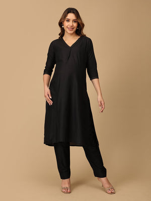 Ebony Embroidered Maternity and Nursing Silk Kurta Set - MEW - BLKMK - S