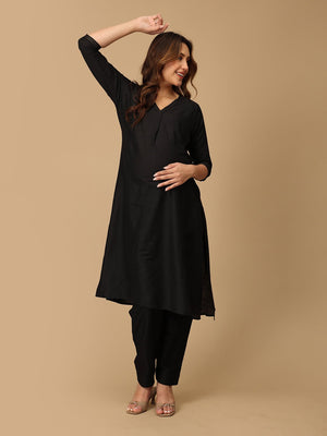 Ebony Embroidered Maternity and Nursing Silk Kurta Set - MEW - BLKMK - S