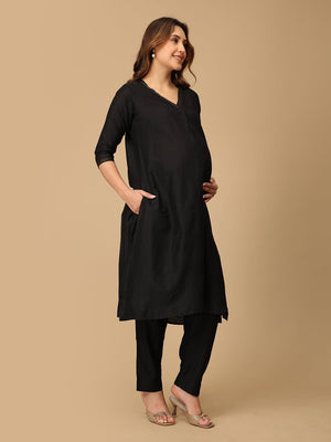 Ebony Embroidered Maternity and Nursing Silk Kurta Set - MEW - BLKMK - S