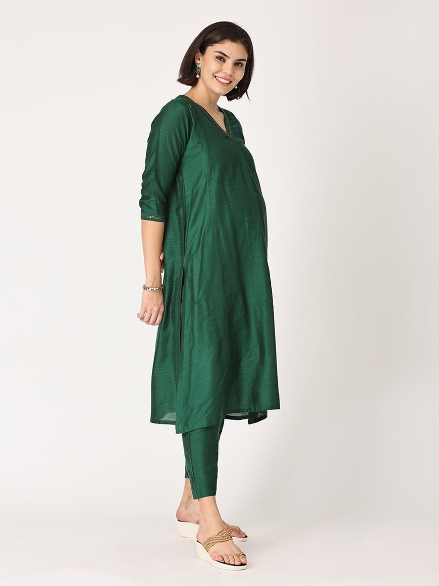 Eden Green Embroidered Maternity and Nursing Silk Kurta Set With Dupatta - MEW - SK - EDGRE - S