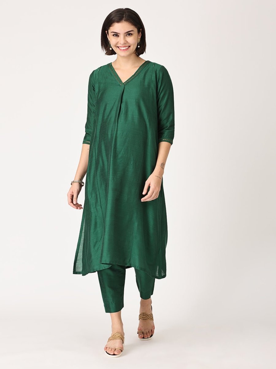 Eden Green Embroidered Maternity and Nursing Silk Kurta Set With Dupatta - MEW - SK - EDGRE - S