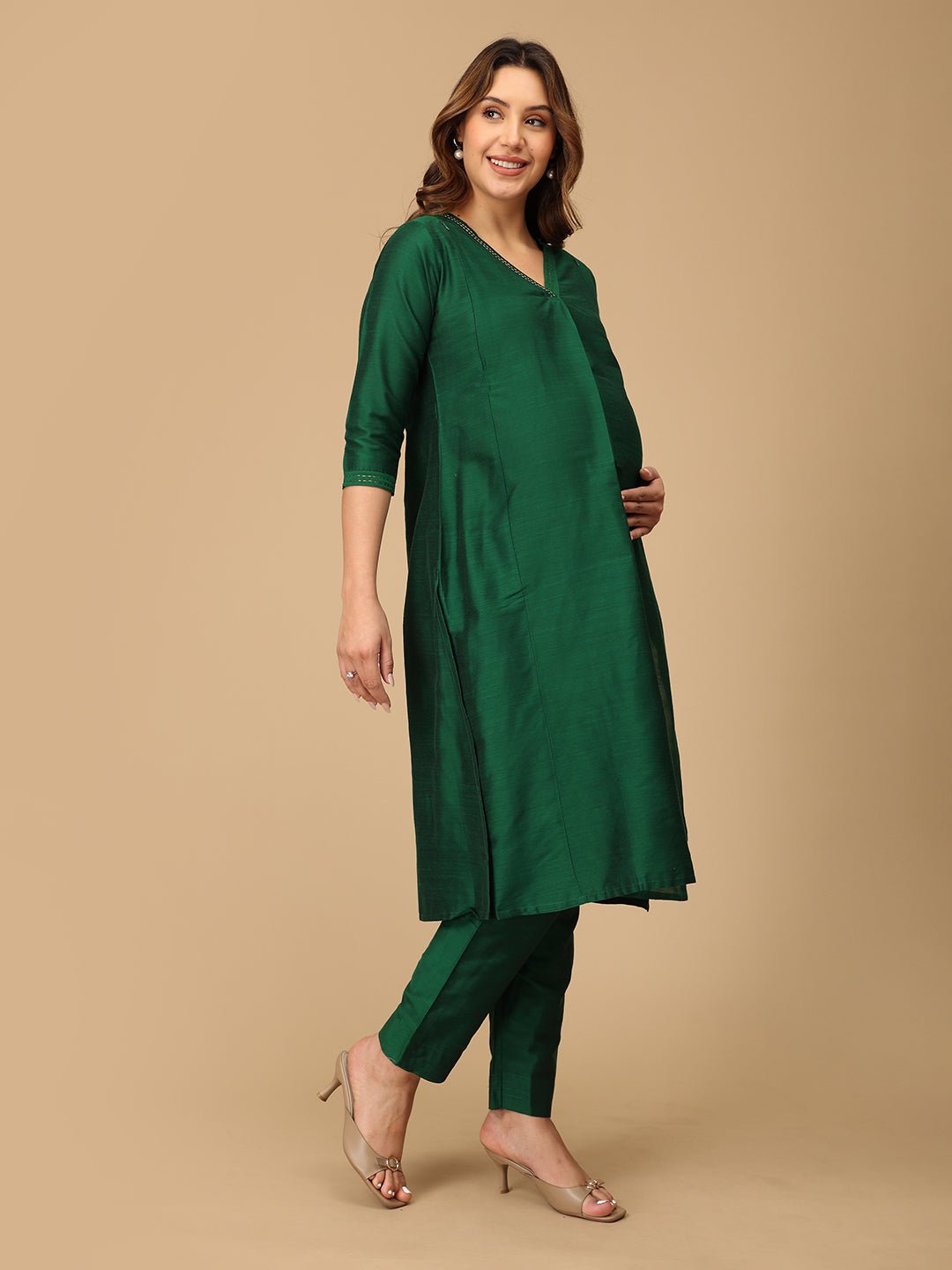 Eden Green Embroidered Maternity Silk Kurta Set with Nursing - MEW - EVGMS - S