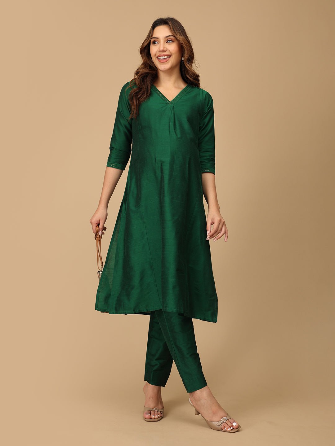 Eden Green Embroidered Maternity Silk Kurta Set with Nursing - MEW - EVGMS - S