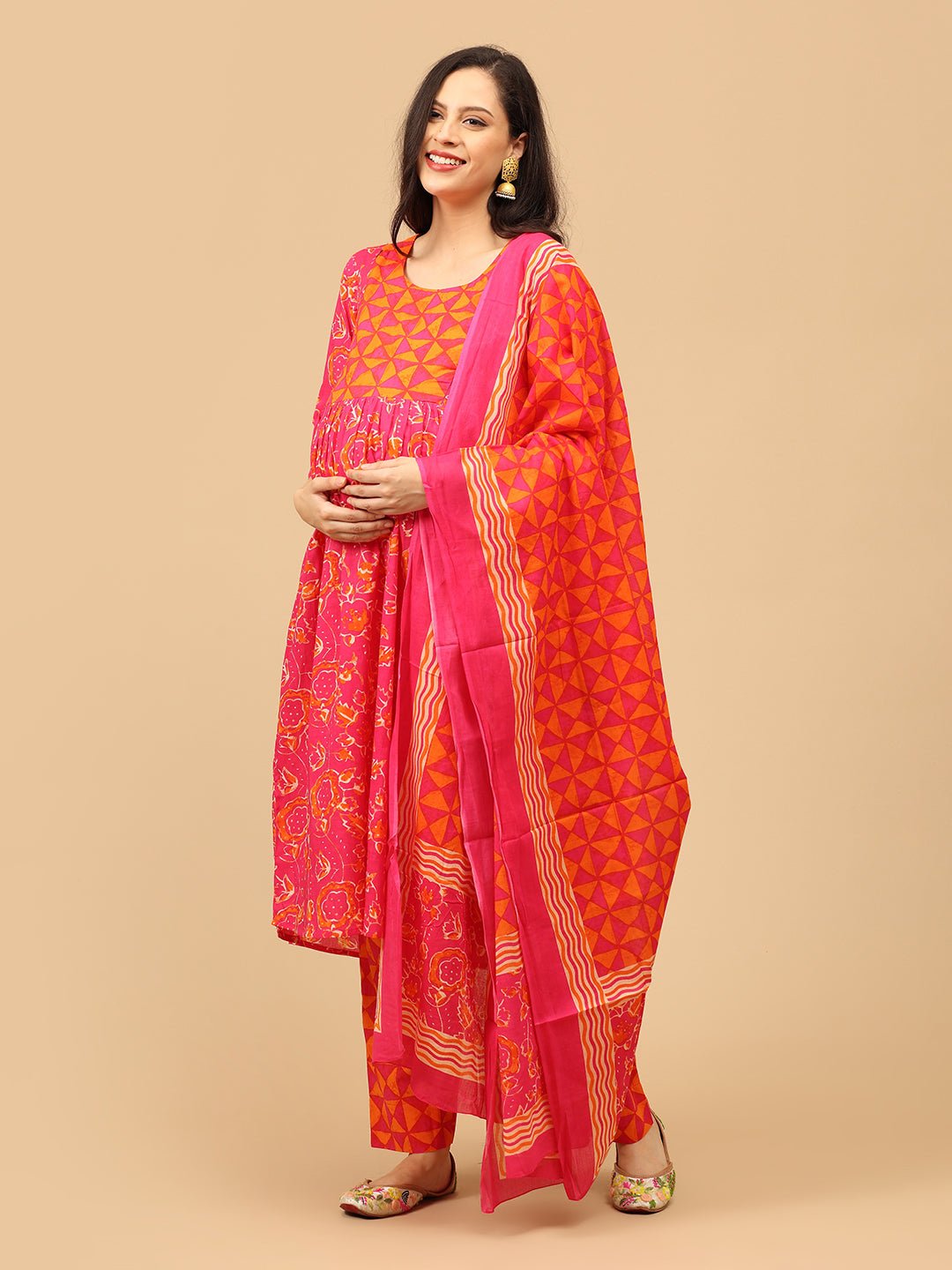 Electric Petals Maternity and Nursing Kurta Set With Dupatta - MEW - SK - ELCP - S