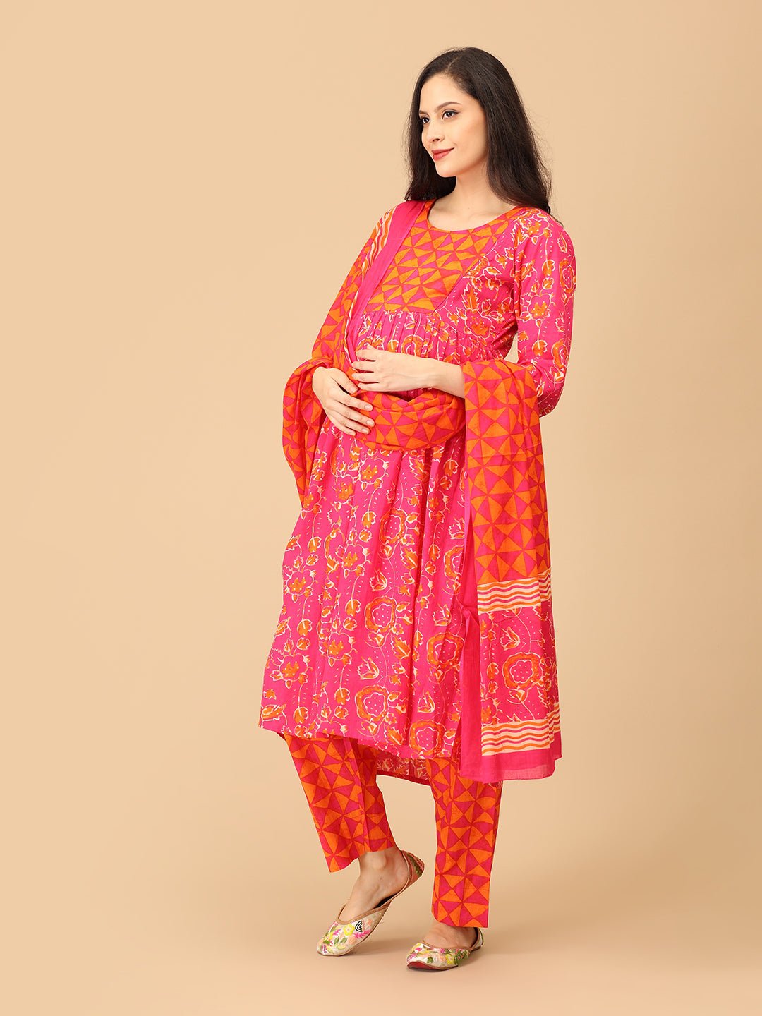 Electric Petals Maternity and Nursing Kurta Set With Dupatta - MEW - SK - ELCP - S