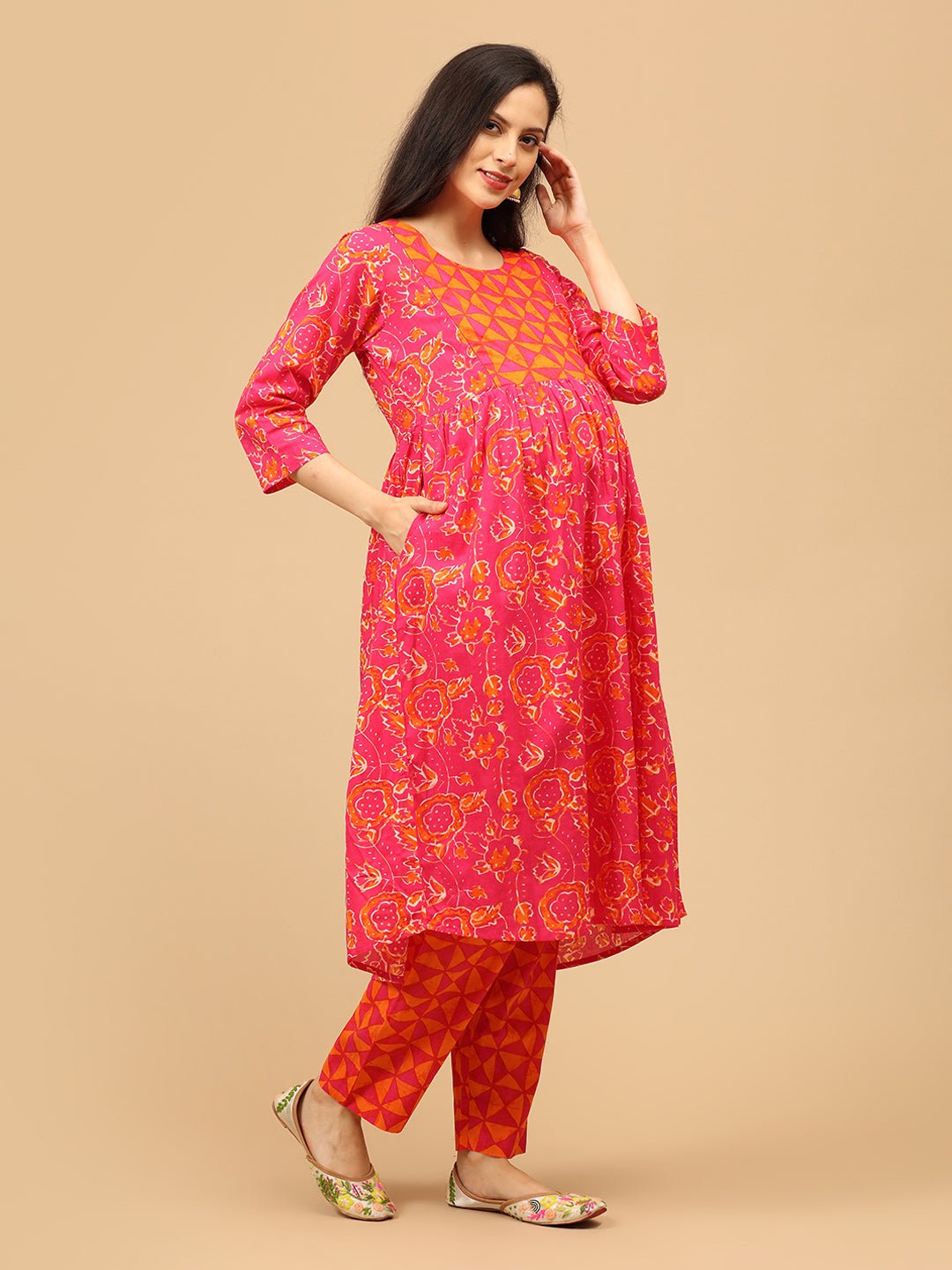 Electric Petals Maternity and Nursing Kurta Set With Dupatta - MEW - SK - ELCP - S