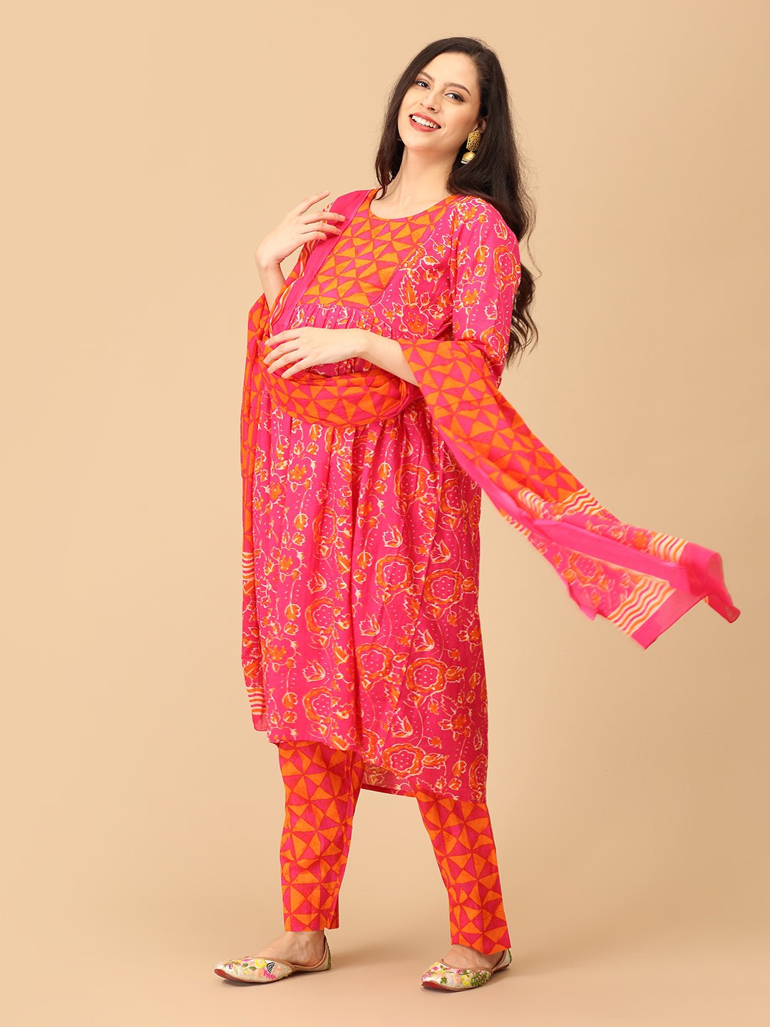 Electric Petals Maternity and Nursing Kurta Set With Dupatta - MEW - SK - ELCP - S