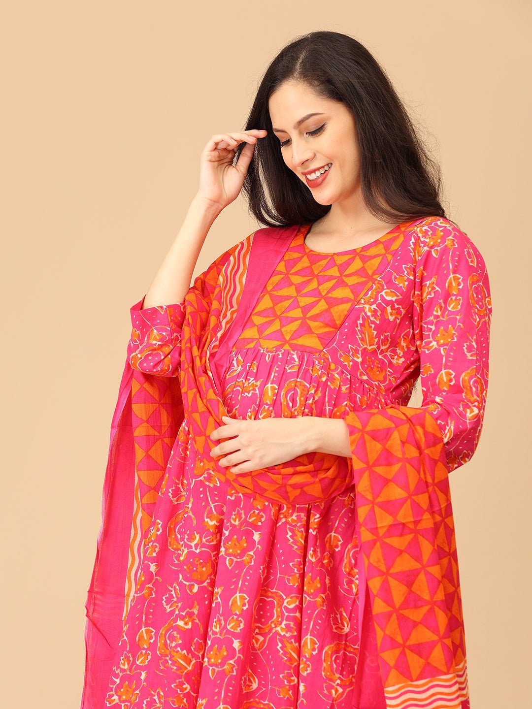 Electric Petals Maternity and Nursing Kurta Set With Dupatta - MEW - SK - ELCP - S