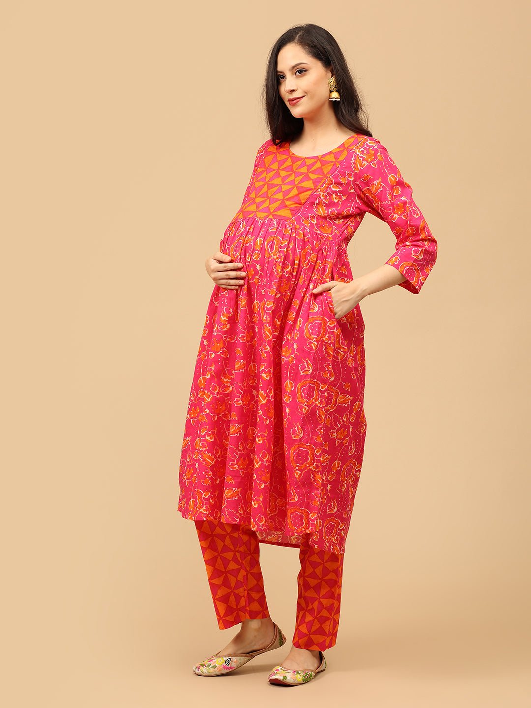 Electric Petals Maternity and Nursing Kurta Set With Dupatta - MEW - SK - ELCP - S