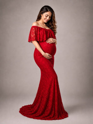 Elegant Wine Maternity Lace Gown - S Maternity Gown