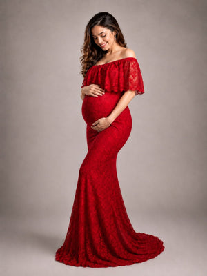 Elegant Wine Maternity Lace Gown - S Maternity Gown