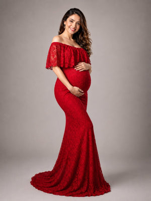 Elegant Wine Maternity Lace Gown - S Maternity Gown