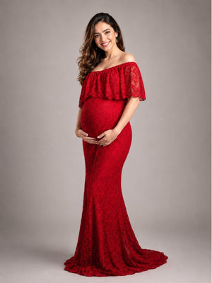 Elegant Wine Maternity Lace Gown - S Maternity Gown