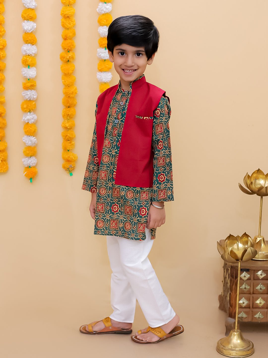 Emerald Essence Boys Floral Print Jacket And Kurta Pajama Set - KES - SC - EMES - 0 - 6
