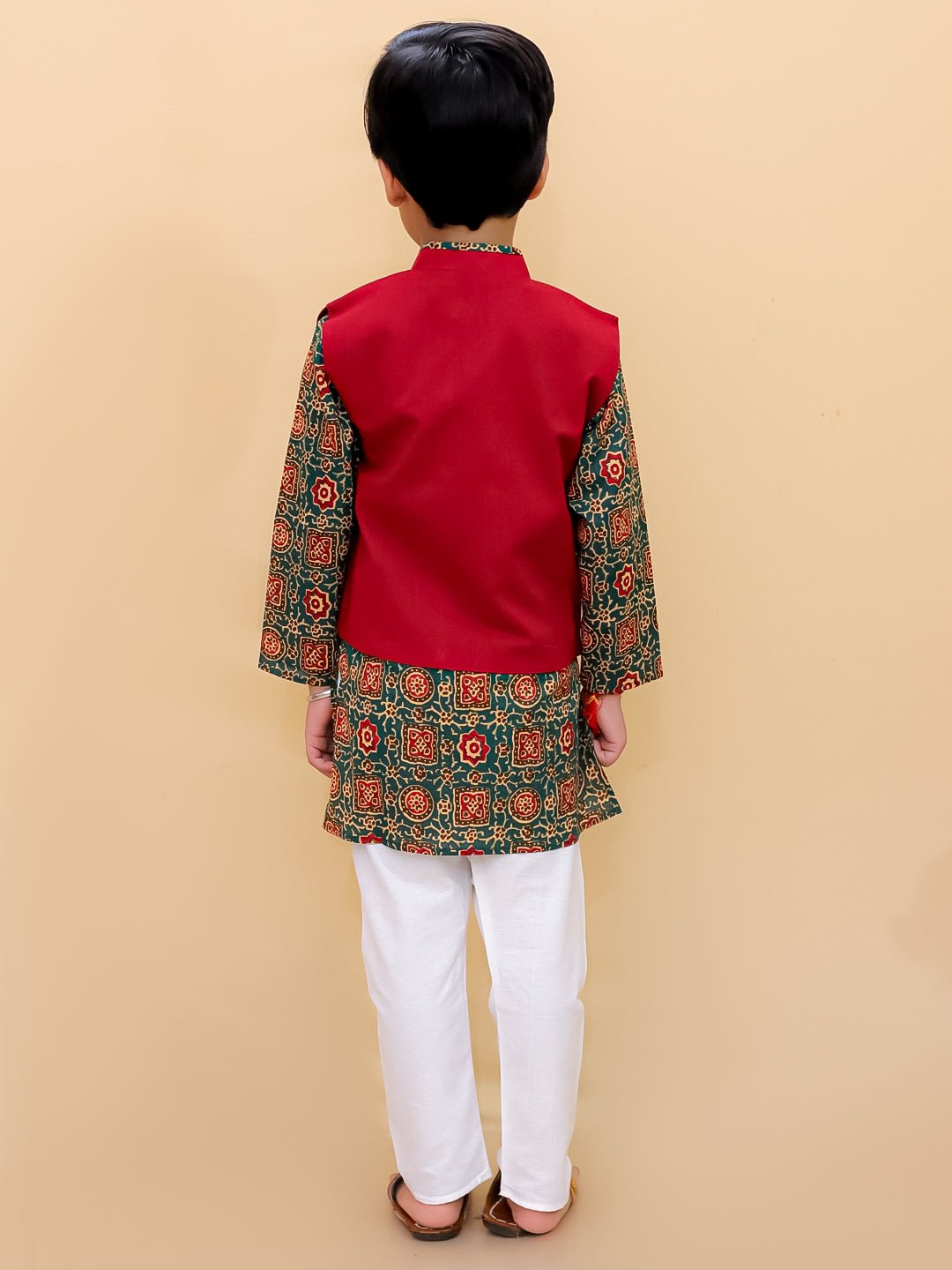 Ethnic Set-Emerald Essence Girls Anarkali Sharara Set with Boys Jacket And Kurta Pajama Set