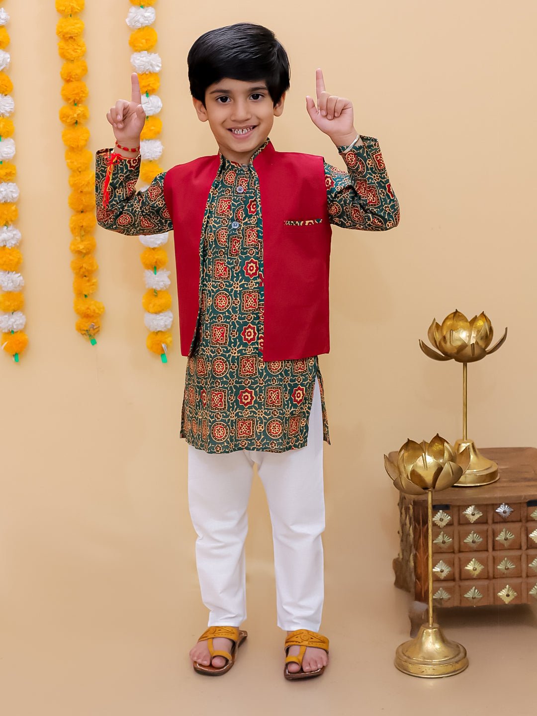 Emerald Essence Boys Floral Print Jacket And Kurta Pajama Set - KES - SC - EMES - 0 - 6