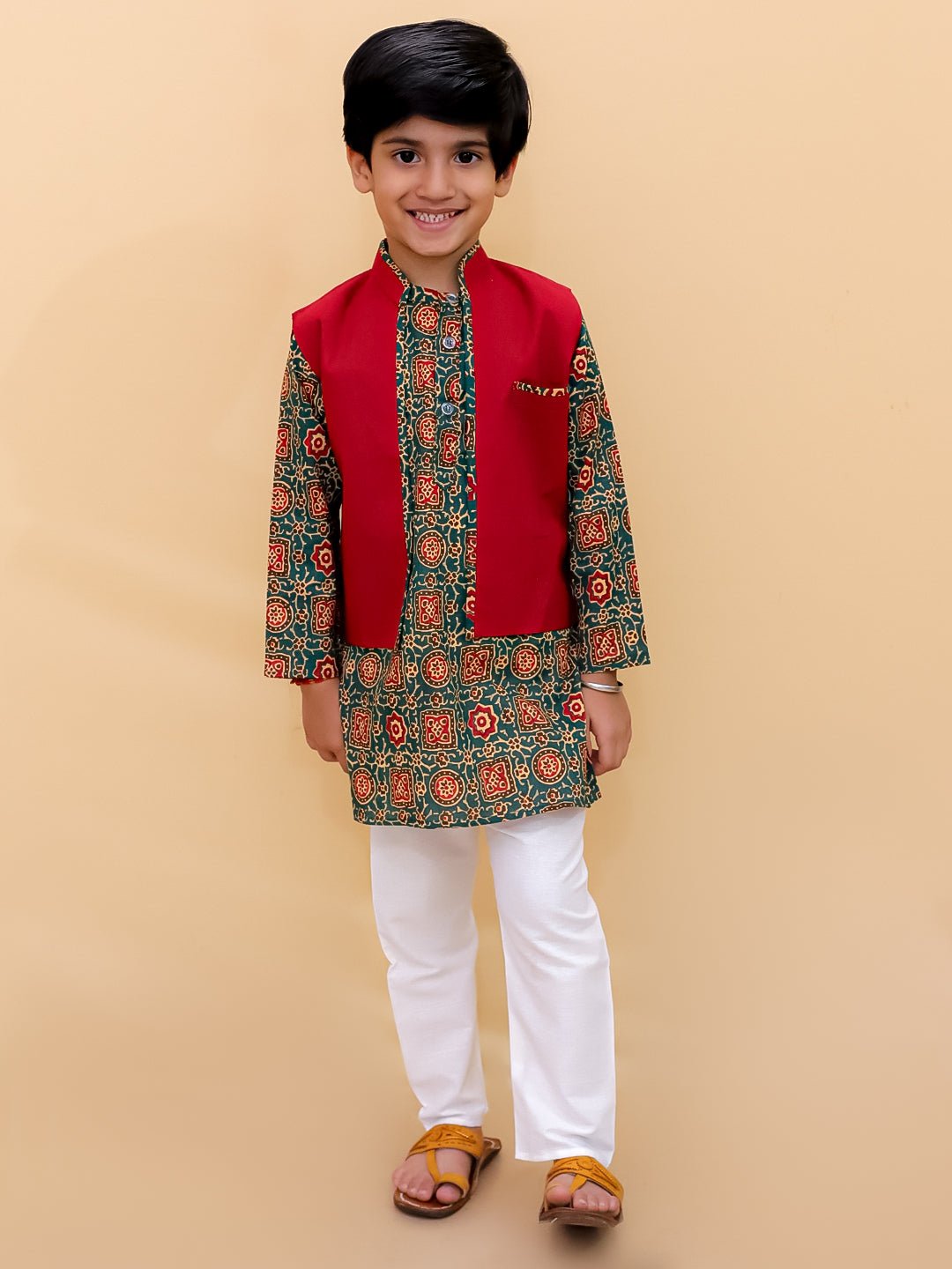 Ethnic Set-Emerald Essence Girls Anarkali Sharara Set with Boys Jacket And Kurta Pajama Set