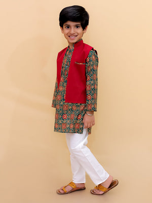 Emerald Essence Boys Floral Print Jacket And Kurta Pajama Set - KES - SC - EMES - 0 - 6