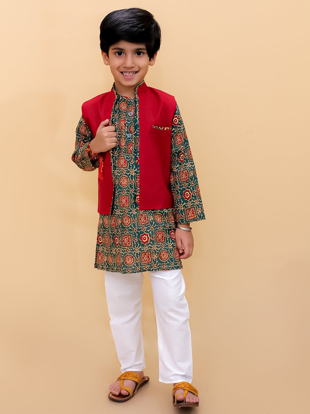 Ethnic Set-Emerald Essence Girls Anarkali Sharara Set with Boys Jacket And Kurta Pajama Set