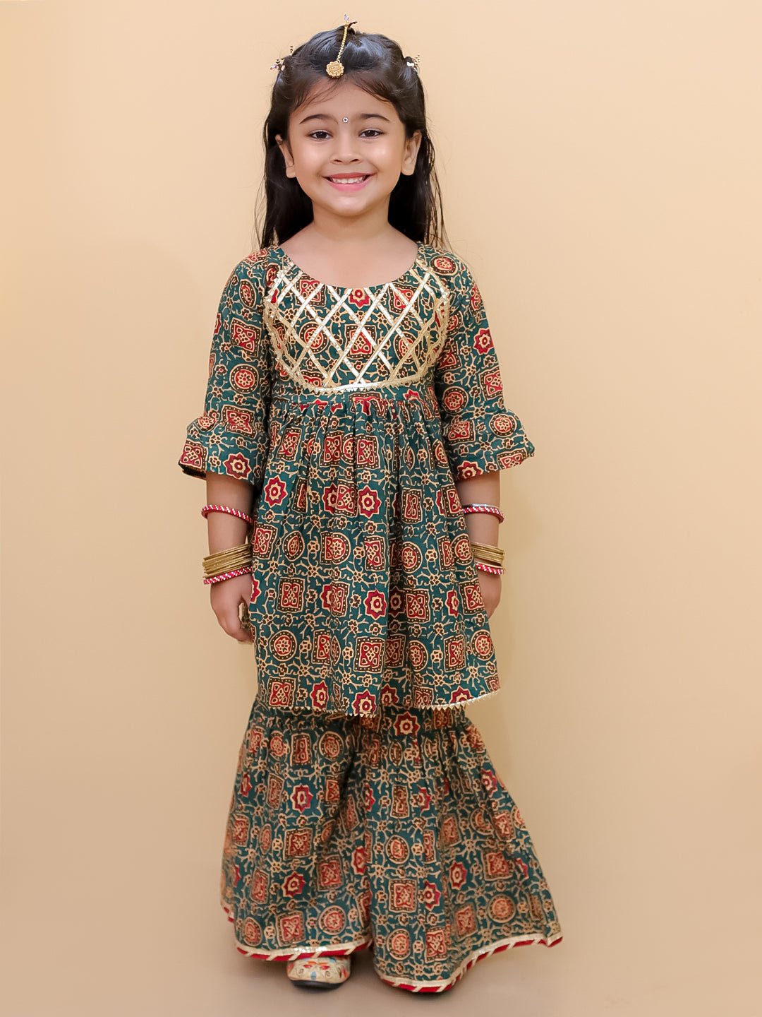 Ethnic Set-Emerald Essence Girls Anarkali Sharara Set with Boys Jacket And Kurta Pajama Set