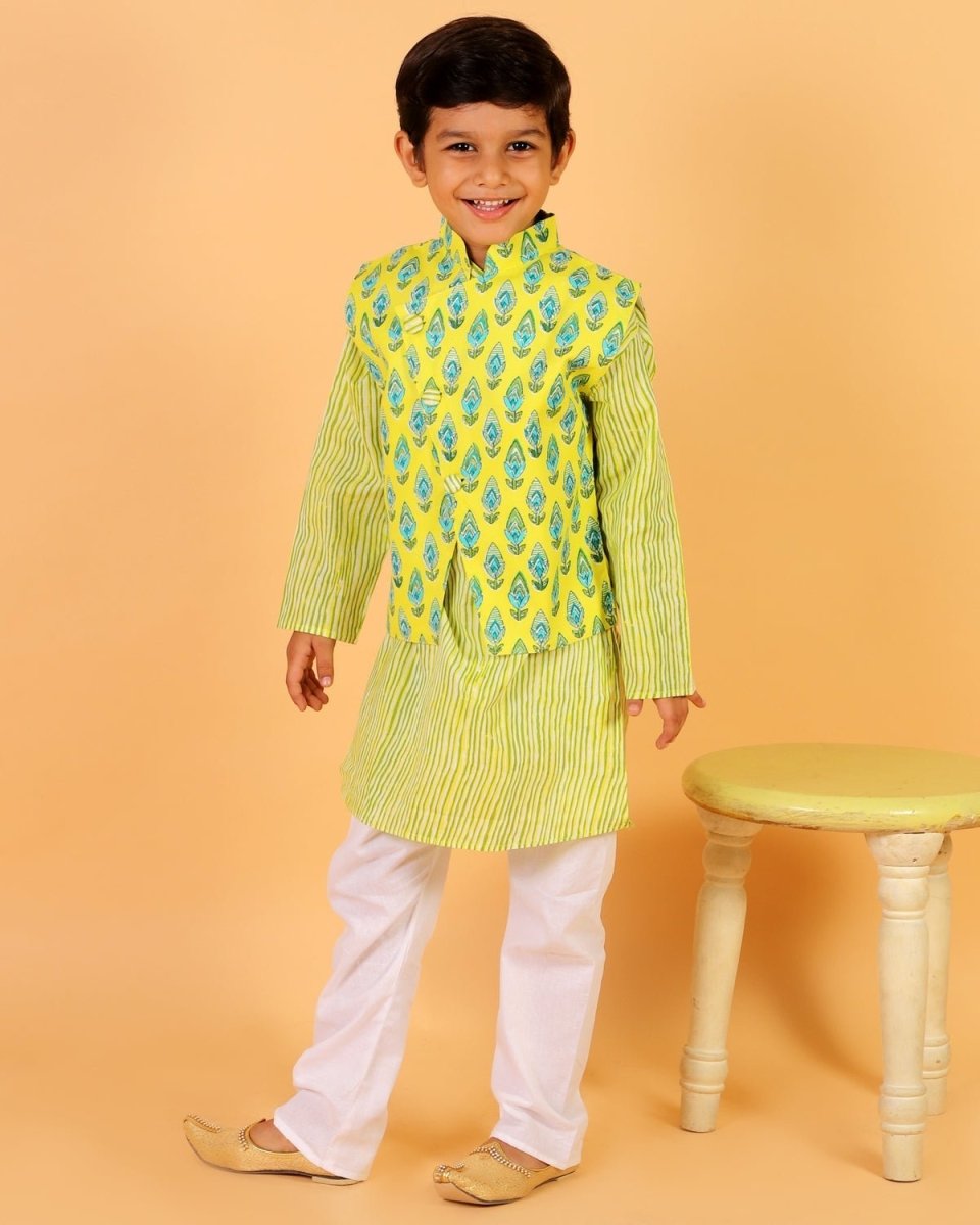 Empire Yellow Block Print Jacket and Kurta Pajama Set - KP-EMPYLB-0-6