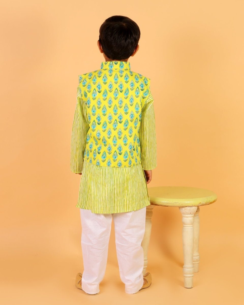 Empire Yellow Block Print Jacket and Kurta Pajama Set - KP-EMPYLB-0-6