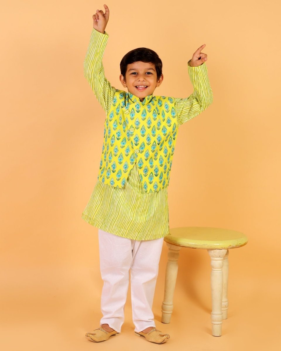 Empire Yellow Block Print Jacket and Kurta Pajama Set - KP-EMPYLB-0-6