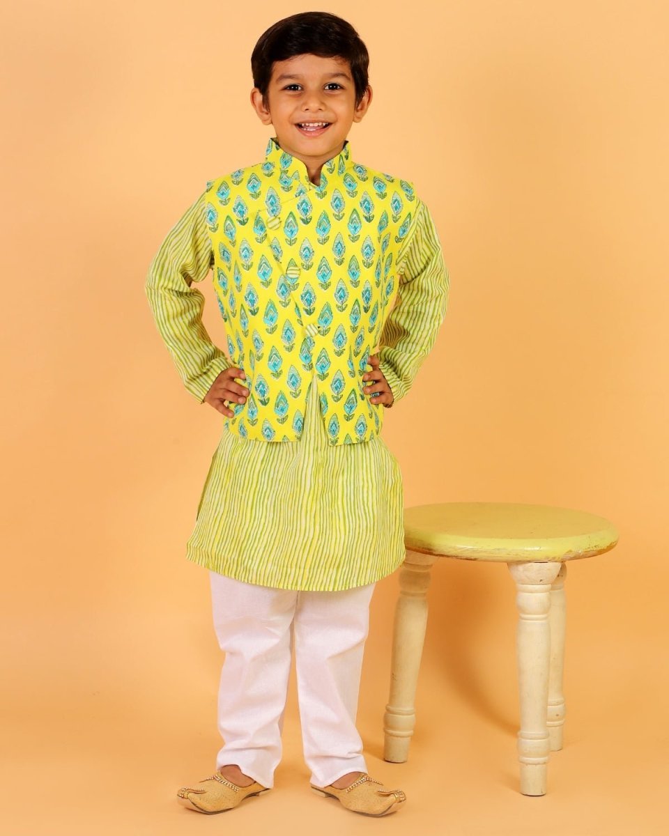 Empire Yellow Block Print Jacket and Kurta Pajama Set - KP-EMPYLB-0-6