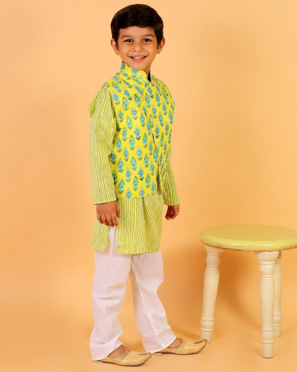 Empire Yellow Block Print Jacket and Kurta Pajama Set - KP-EMPYLB-0-6