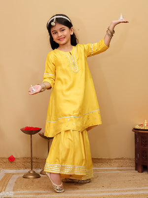 Ethnic Combo - Golden Hour Boys Silk Kurta Pajama Set with Girls Anarkali Sharara Set - Twinning Combo