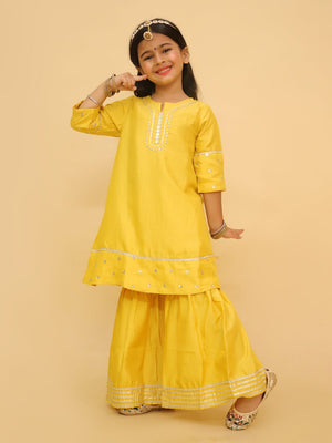Ethnic Combo - Golden Hour Boys Silk Kurta Pajama Set with Girls Anarkali Sharara Set - Twinning Combo