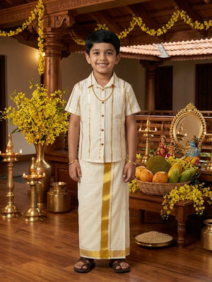Ethnic Combo - Kasavu Classic Boys Shirt with Velcro Dhoti & Girls Skirt Set - Twinning Combo