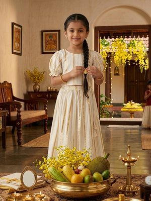 Ethnic Combo - Kasavu Classic Boys Shirt with Velcro Dhoti & Girls Skirt Set - Twinning Combo