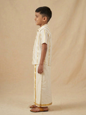Ethnic Combo - Kasavu Classic Boys Shirt with Velcro Dhoti & Girls Skirt Set - Twinning Combo